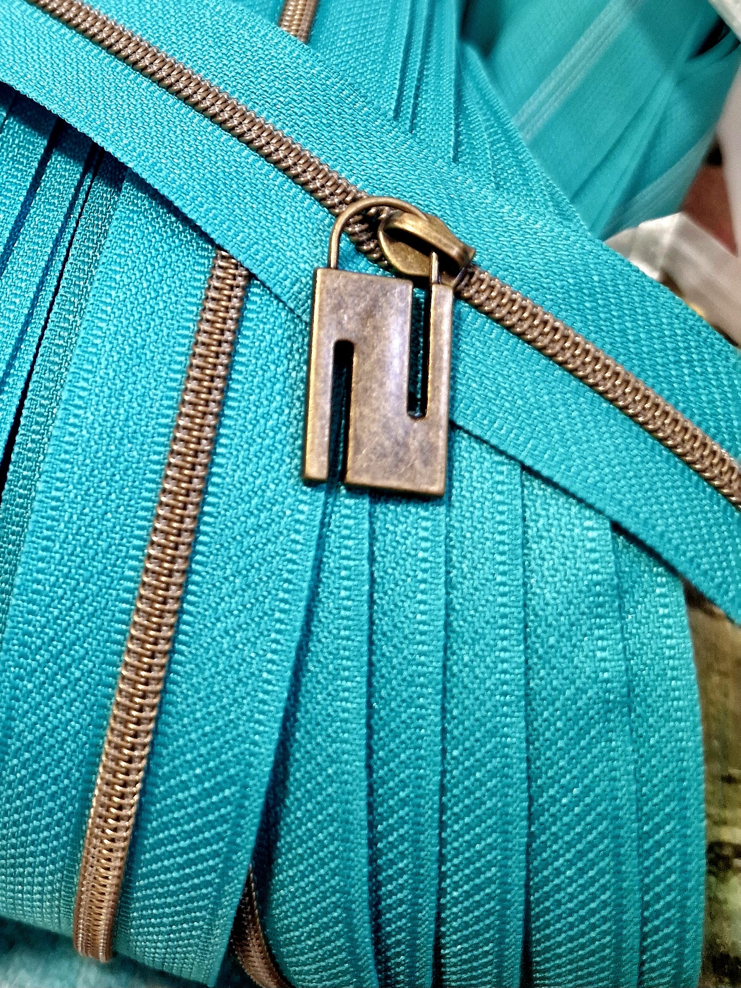 Size 3 Zipper tape GREECE SEA BLUE WITH ANTIQUE BRASS TEETH