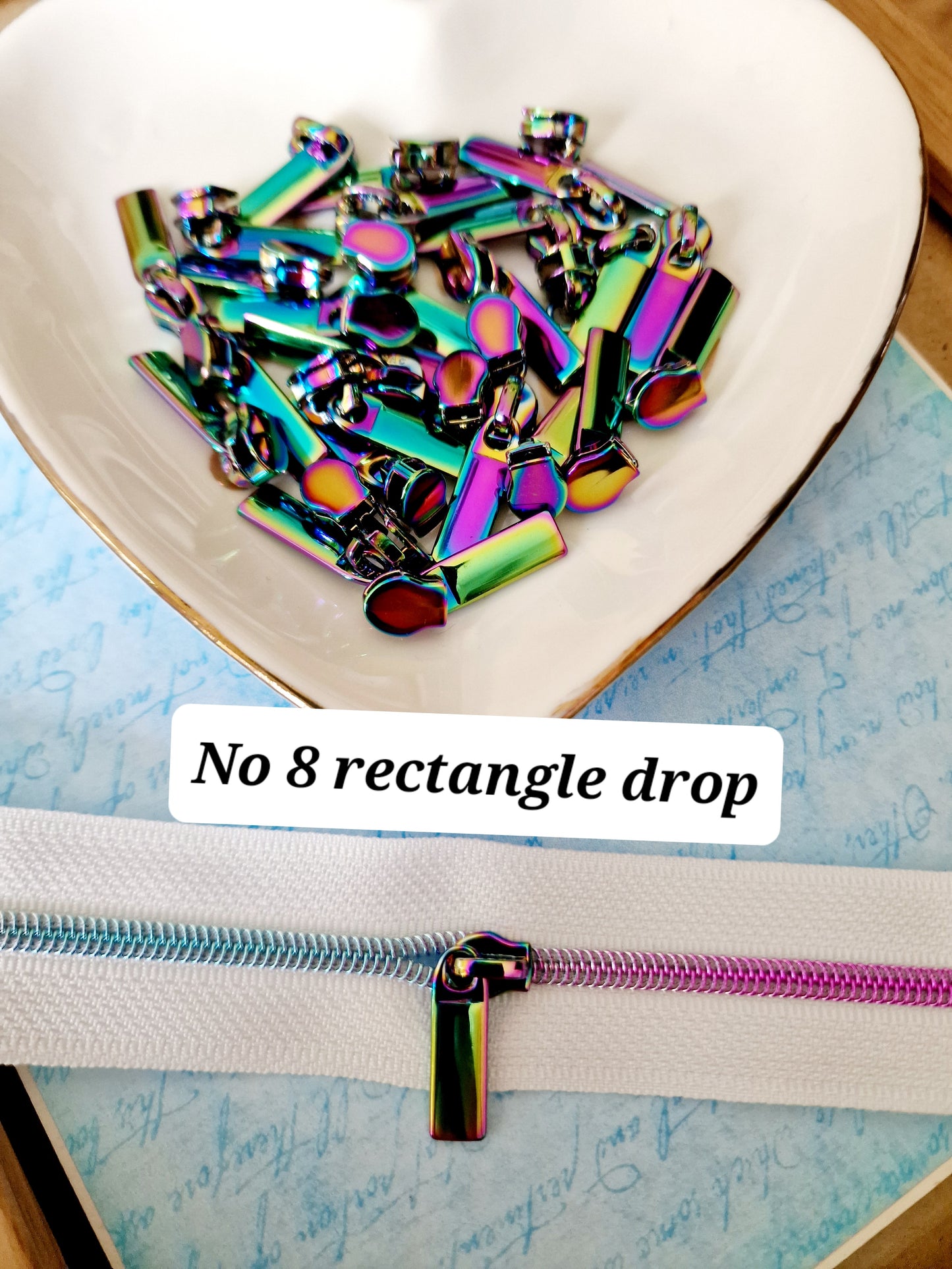 Size 3 zip pull RECTANGLE DROP , RAINBOW AND SILVER