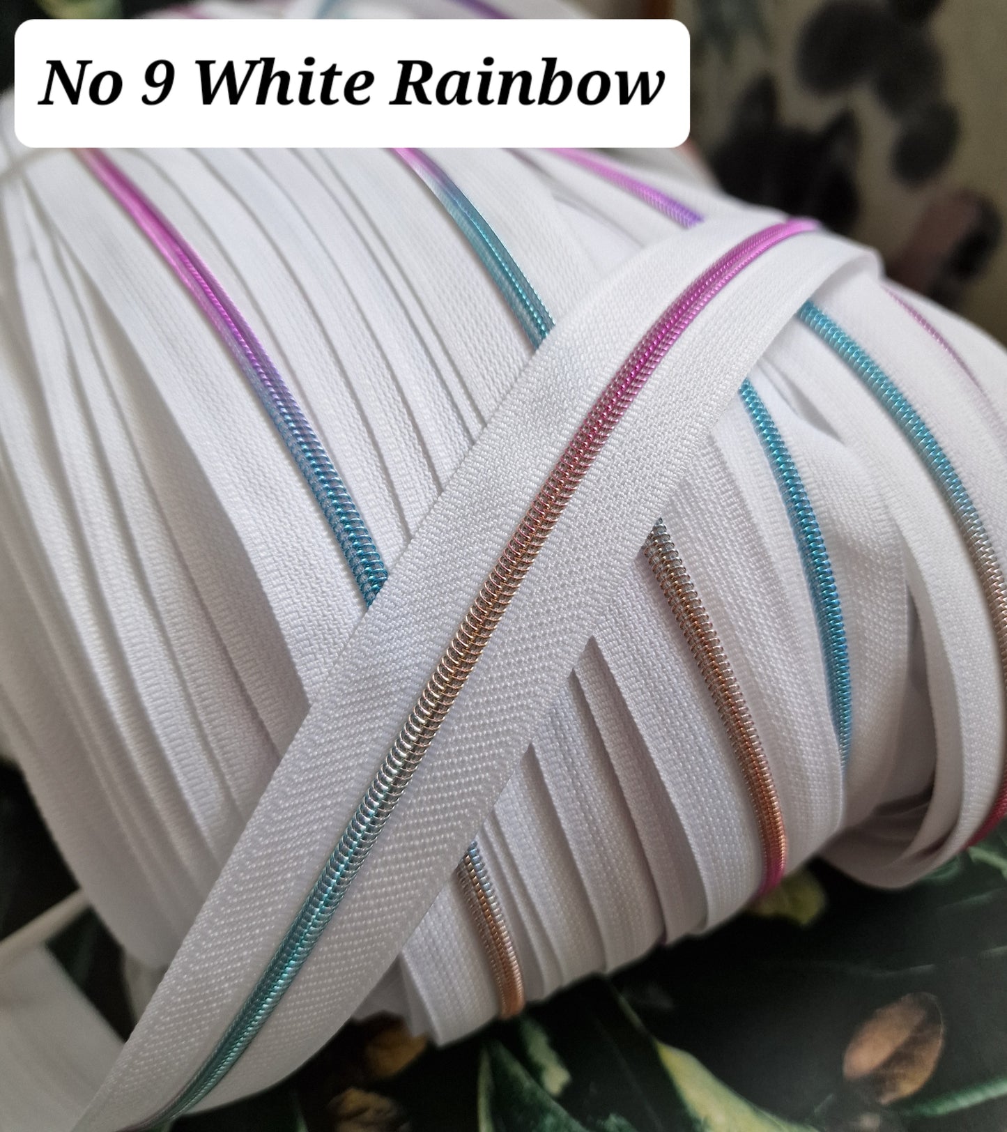 Size 3 Zipper tape WHITE WITH RAINBOW TEETH