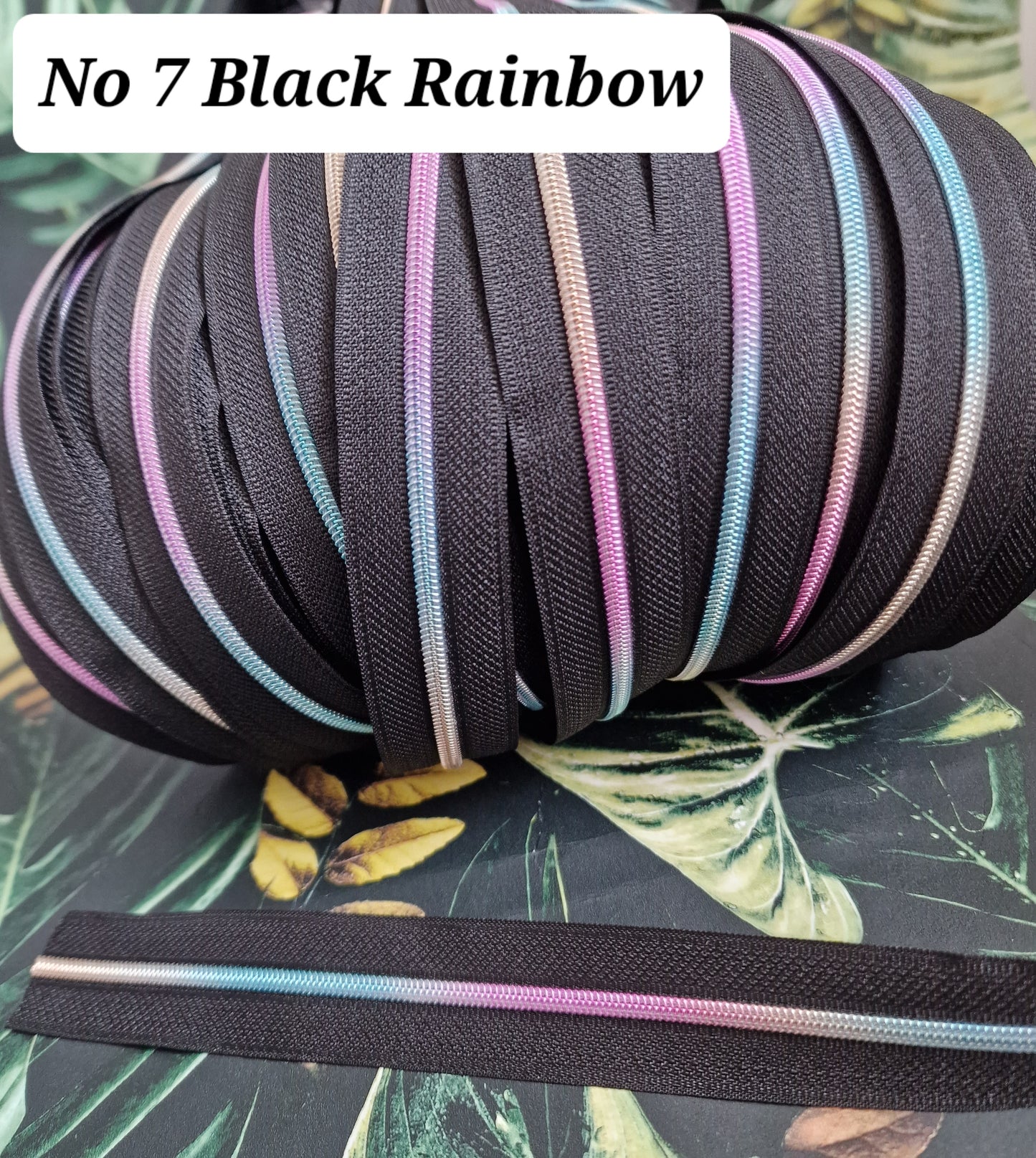 Size 3 Zipper tape BlACK RAINBOW TEETH