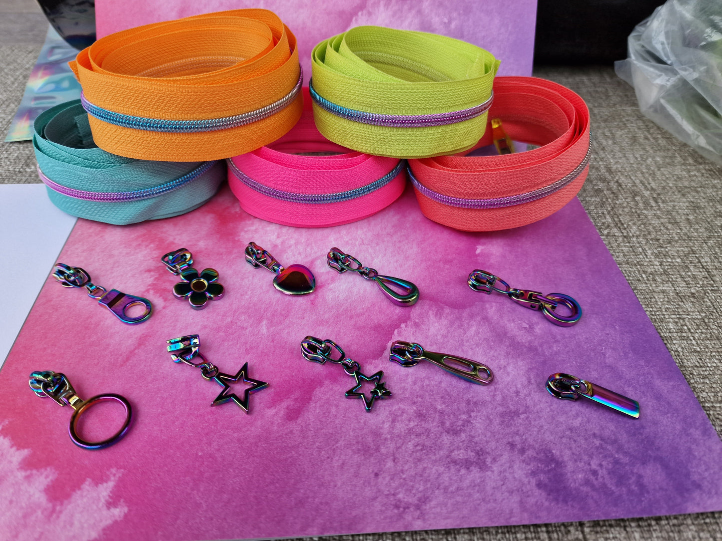 NEON Rainbow Zip and zip pull Bundle size 3# FREE POSTAGE OFFER