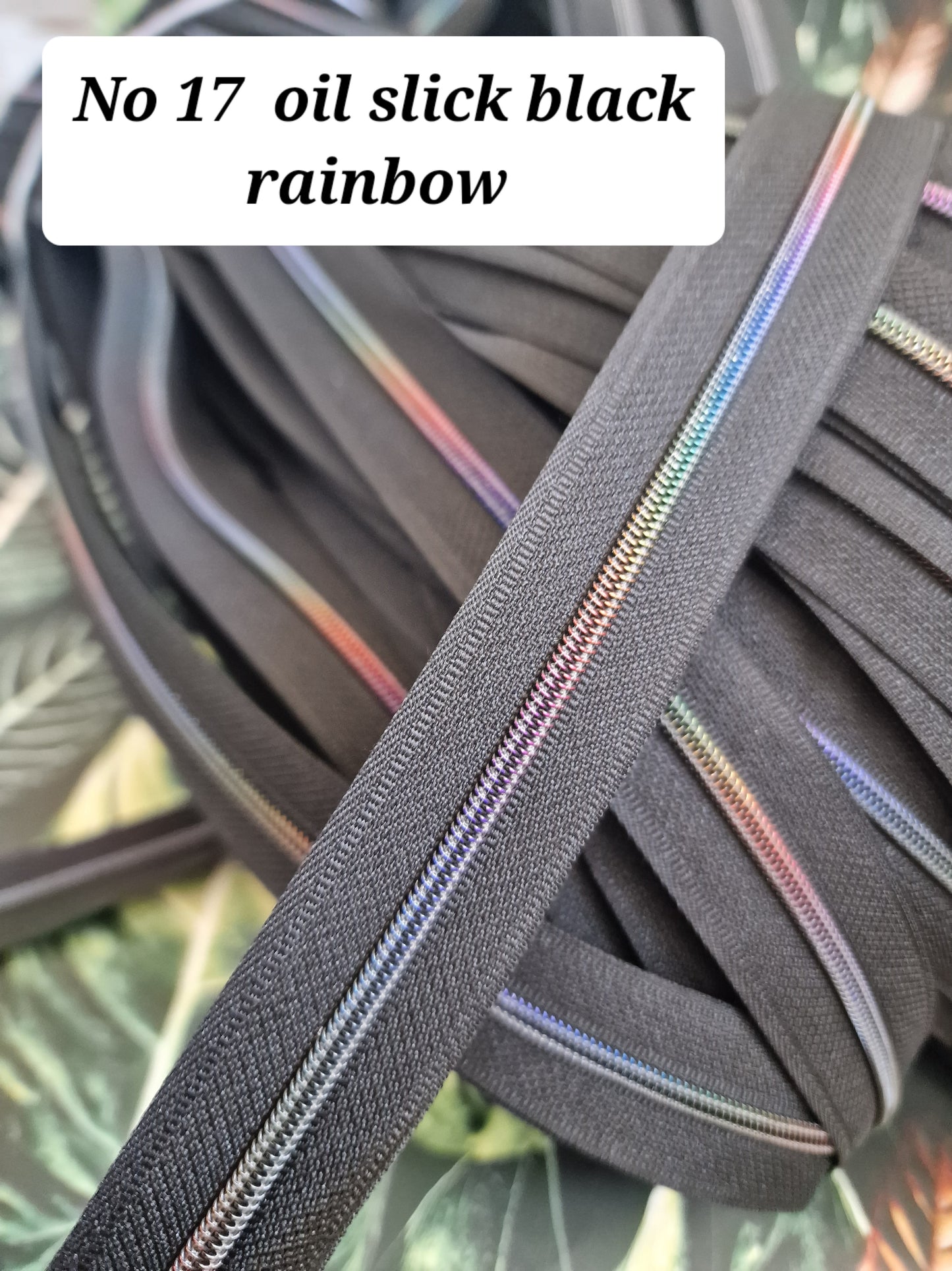 Size 3 Zipper tape BLACK OIL DARK RAINBOW TEETH