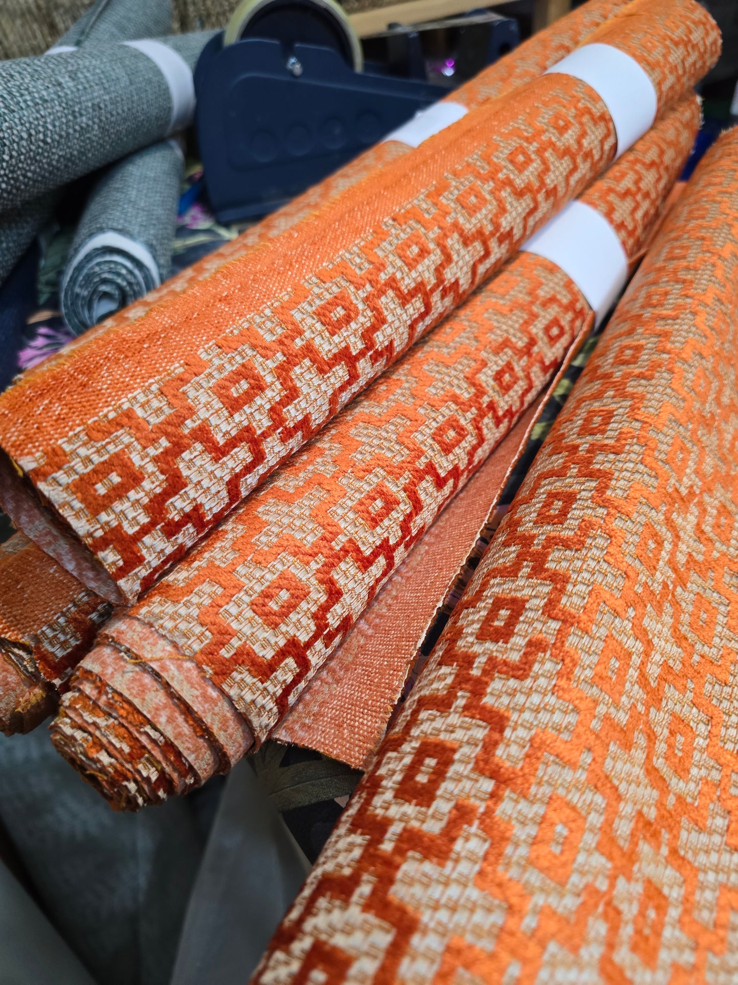 Orange woven with velvet upholstery fabric