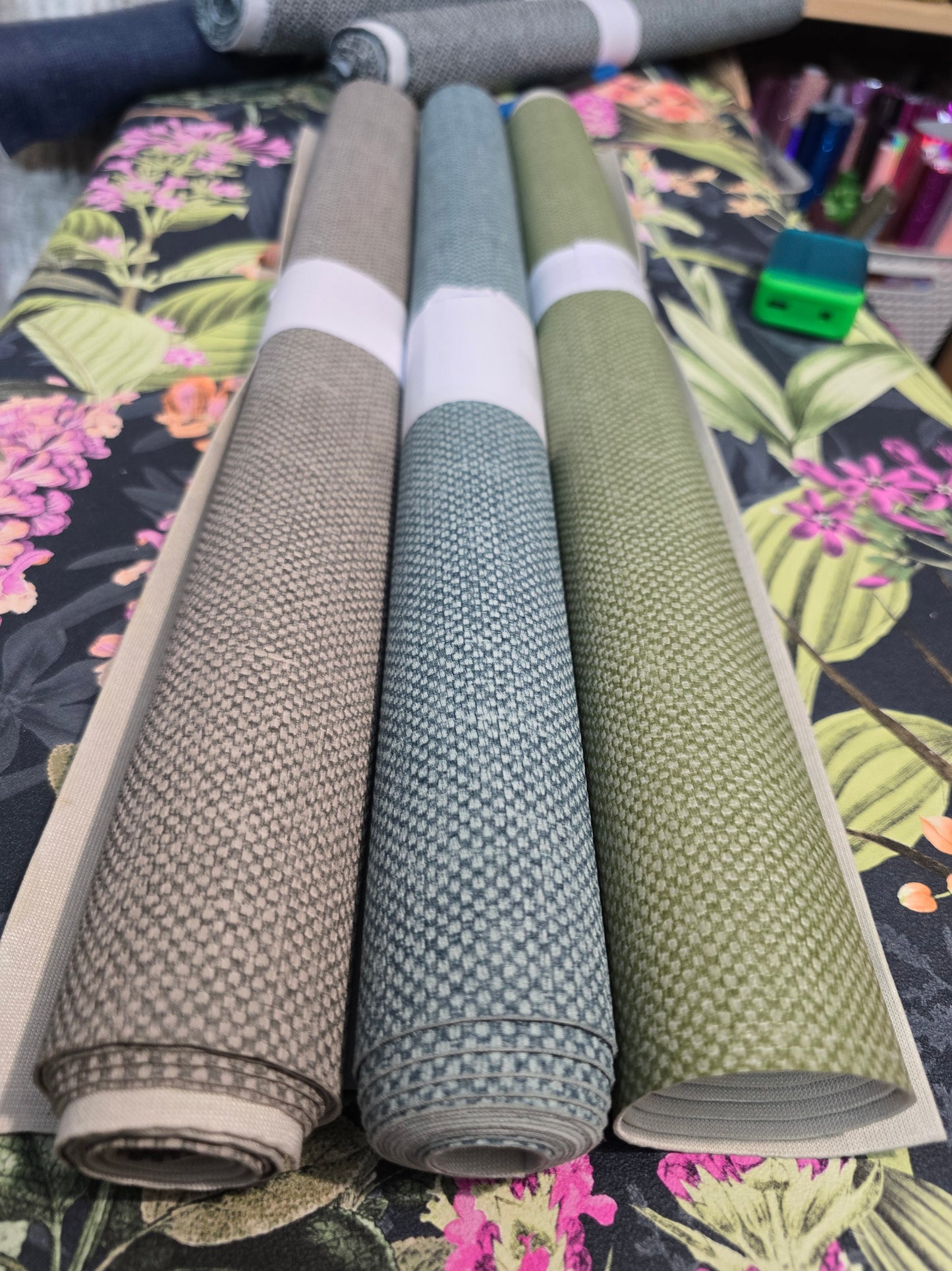 New printed faux leather aqua green grey meter