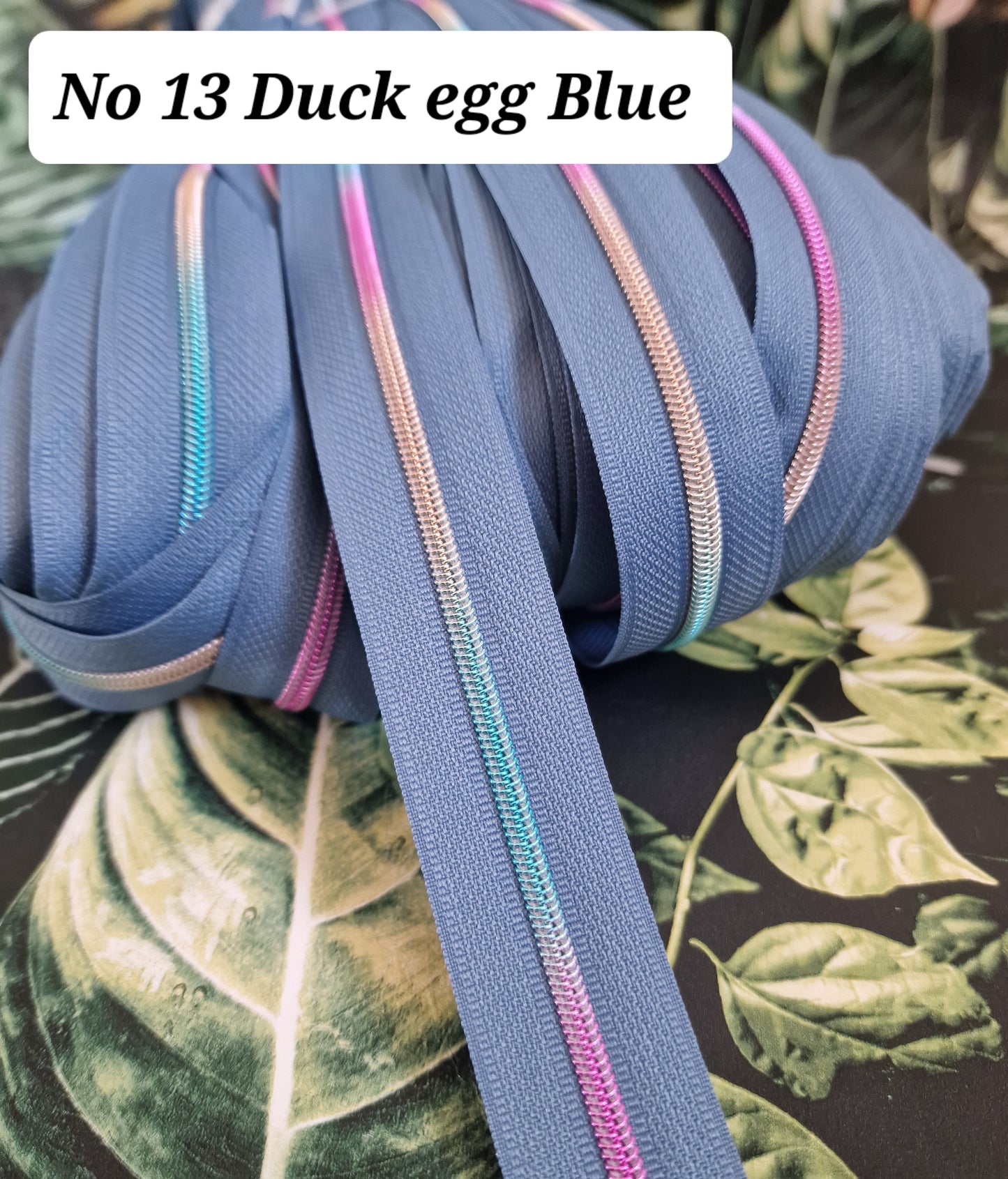 Size 3 Zipper tape DUSKY DUCK EGG BLUE RAINBOW TEETH