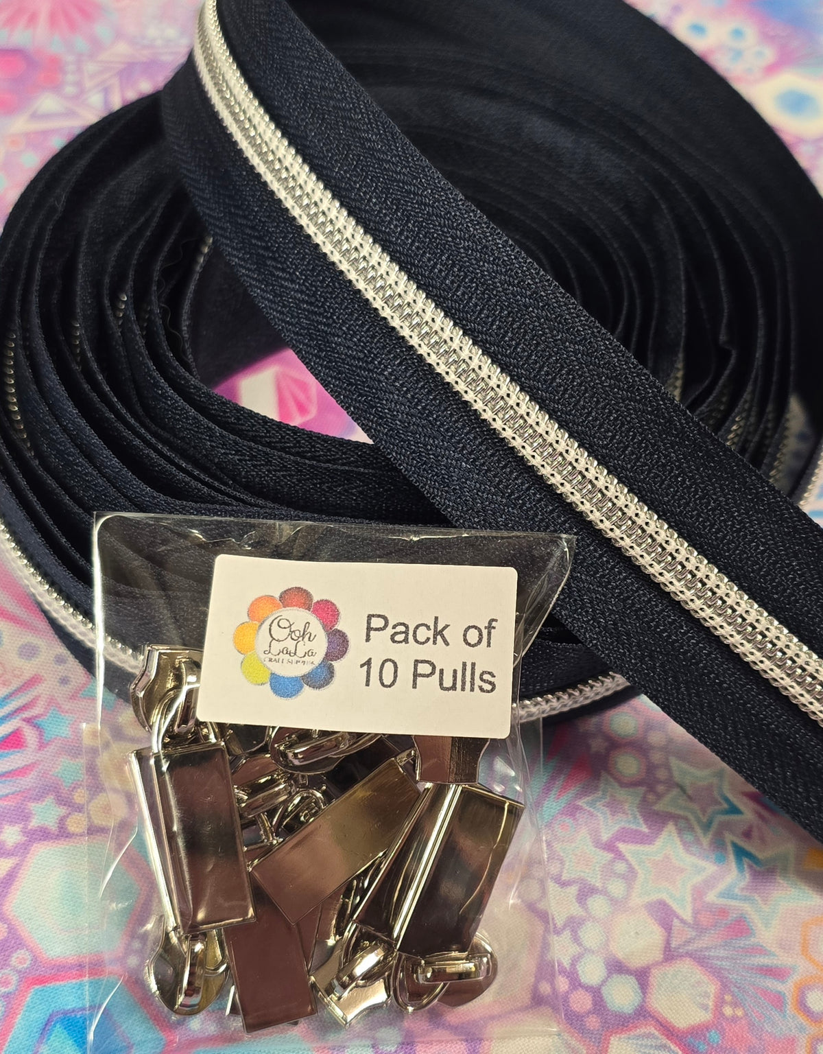 Size 5# NAVY SILVER BUNDLE, 4m zipper tape & 10 pulls