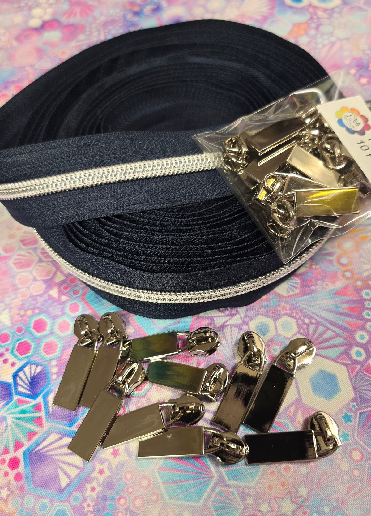 Size 5# NAVY SILVER BUNDLE, 4m zipper tape & 10 pulls