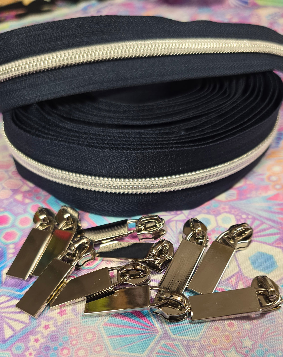 Size 5# NAVY SILVER BUNDLE, 4m zipper tape & 10 pulls