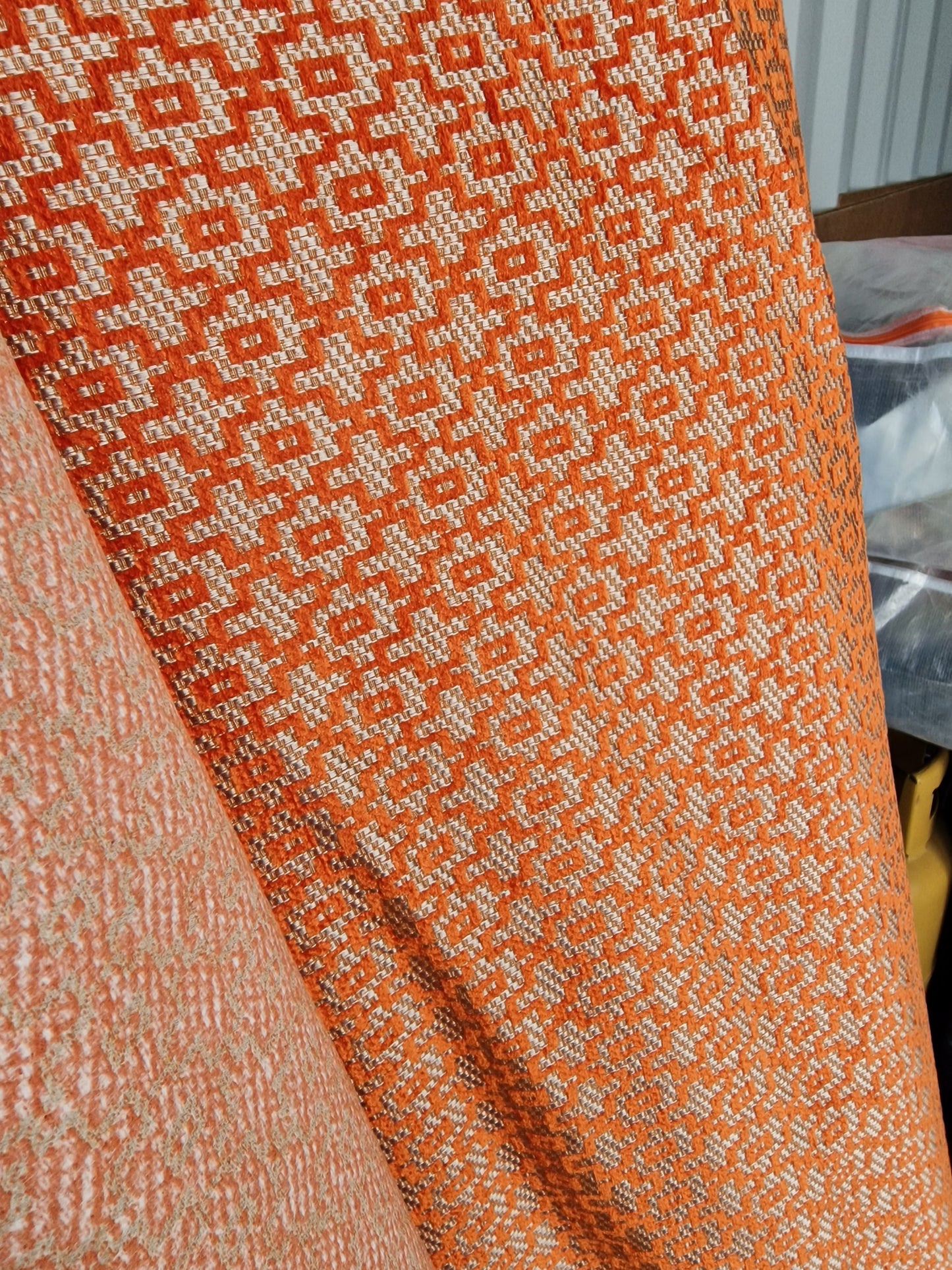 Orange and natural chenille woven upholstery fabric